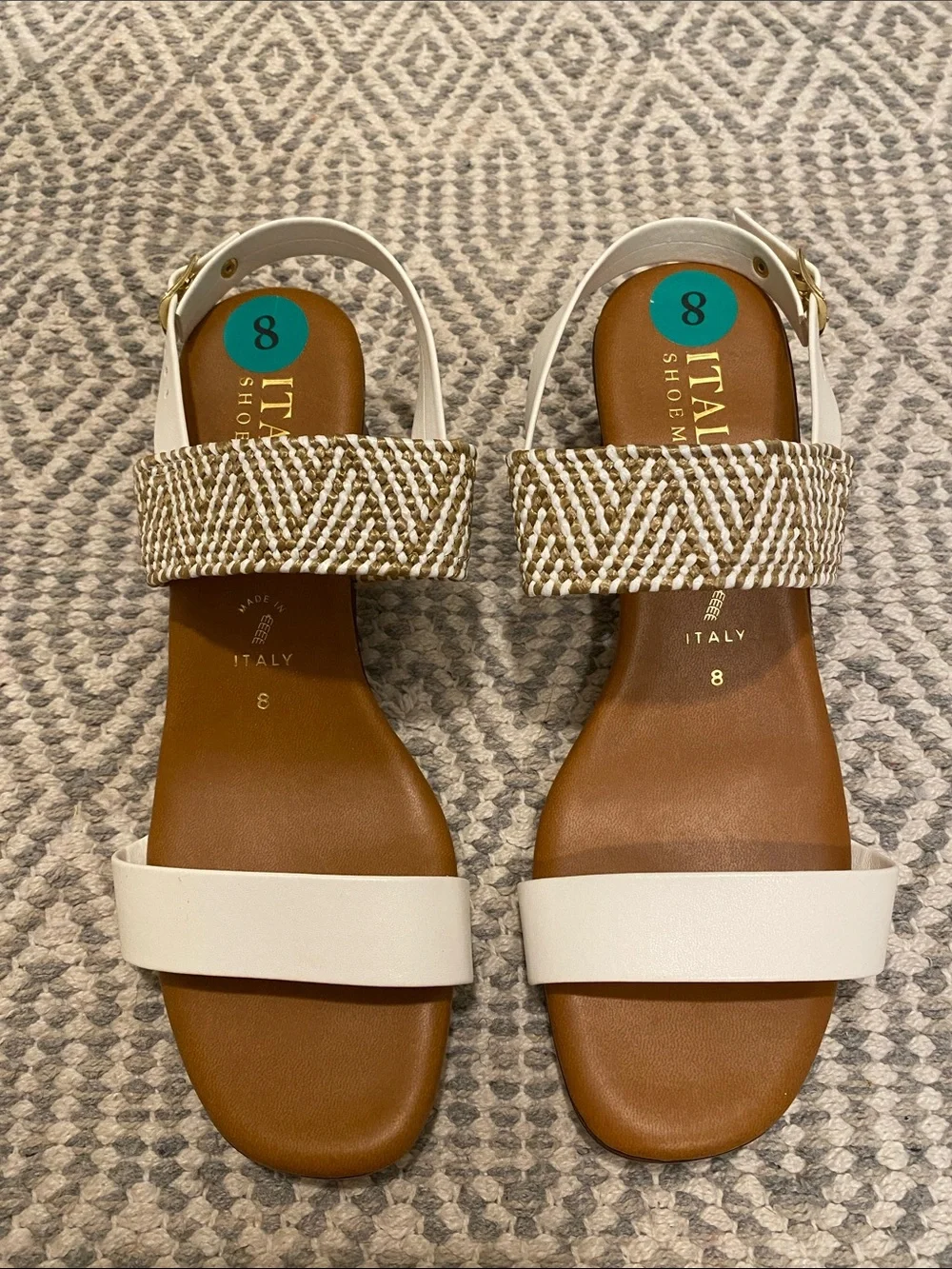 Italian Shoemakers 8 White/Tan Woven Faux Leather Heeled Sandals
